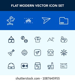 Modern, simple vector icon set with home, customer, camp, message, marketing, string, typography, send, travel, musical, tent, pin, bicycle, music, concept, money, element, file, internet, white icons