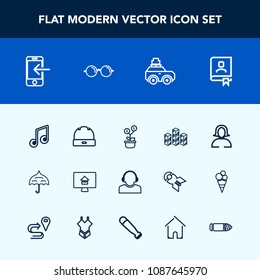 Modern, simple vector icon set with online, book, protection, cap, sound, investment, support, real, contact, lady, luggage, internet, business, center, tree, musical, money, industrial, service icons