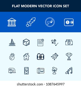 Modern, simple vector icon set with tourism, greek, photography, tobacco, travel, real, plane, addiction, money, estate, scale, purse, no, photographer, package, camera, currency, house, home icons