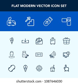 Modern, simple vector icon set with human, mail, avatar, profile, food, pharmacy, medical, box, television, holiday, storage, bag, health, vitamin, music, suitcase, post, antenna, video, tripod icons