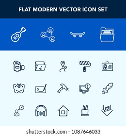 Modern, simple vector icon set with trash, skate, internet, roller, equipment, board, sign, paper, navigation, rubbish, profile, person, video, musical, roll, camera, music, fly, file, garbage icons