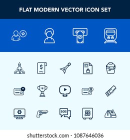 Modern, simple vector icon set with guitar, clean, atm, cash, winner, launch, human, market, supermarket, championship, victory, media, money, shopping, transportation, transport, sale, musical icons