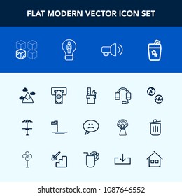 Modern, simple vector icon set with business, atm, cocktail, bubble, bar, support, sky, cardboard, summer, money, technology, megaphone, cafe, stationery, machine, currency, house, nature, ocean icons