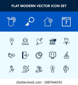 Modern, simple vector icon set with summer, gold, sign, presentation, pin, competition, banking, pie, page, bank, web, spacesuit, juice, landlord, science, technology, trumpet, jazz, glass, map icons