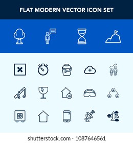 Modern, simple vector icon set with handle, estate, sand, person, mountain, timer, chat, fishing, success, hour, sport, fish, window, house, rod, real, sign, business, property, progress, reel icons