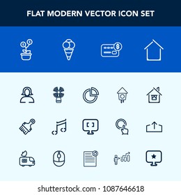 Modern, simple vector icon set with building, bird, money, sea, music, note, cream, tree, lady, house, bank, estate, credit, sign, star, internet, ball, card, , laptop, woman, chart, growth, pc icons