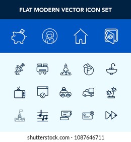 Modern, simple vector icon set with space, launch, house, bathroom, security, water, suitcase, safe, finance, vision, tv, bag, thermometer, technology, glasses, faucet, spy, safety, temperature icons