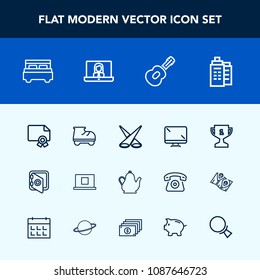 Modern, simple vector icon set with web, internet, house, monitor, frame, place, diploma, winner, technology, building, interior, spotlight, bedroom, screen, music, business, bed, fun, white icons