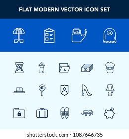 Modern, simple vector icon set with tower, shield, sun, famous, cap, head, europe, monster, drink, currency, hot, architecture, garbage, cafe, water, security, trash, umbrella, sand, timer, mug icons