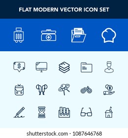 Modern, simple vector icon set with sound, data, human, object, chief, cook, information, technology, paper, file, spaceship, avatar, audio, laptop, aid, fashion, emergency, cross, space, price icons