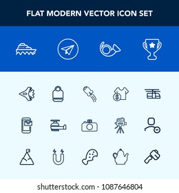 Modern, simple vector icon set with technology, camera, sky, award, fashion, water, space, sea, plane, ship, air, price, jetliner, cost, object, aircraft, achievement, photography, sale, first icons
