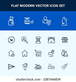Modern, simple vector icon set with dollar, trolley, sand, template, online, chess, estate, time, guitar, account, business, property, air, game, real, profile, clock, aviation, transportation icons