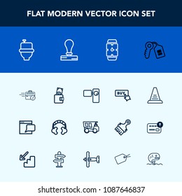 Modern, simple vector icon set with concept, truck, key, tipper, wc, ladder, door, late, website, sign, chat, money, house, restroom, minute, web, security, toilet, headset, office, video, up icons