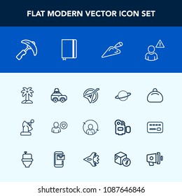 Modern, simple vector icon set with orbit, style, communication, leather, notebook, instrument, profile, quality, palm, space, music, construction, tropical, industry, technology, suitcase, folk icons