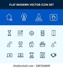 Modern, simple vector icon set with speaker, house, concept, cord, target, mobile, step, nature, first, summer, real, ladder, hour, winner, customer, architecture, coaxial, document, leaf, sound icons