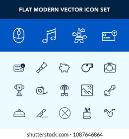 Modern, simple vector icon set with currency, summer, bank, camera, object, finance, astronomy, device, equipment, landmark, sun, insulating, friction, film, winner, technology, paris, tape, sky icons