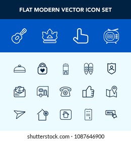 Modern, simple vector icon set with room, technology, crown, protection, luggage, antenna, , envelope, bag, music, guitar, transport, king, fashion, suitcase, hotel, object, leather, mobile, van icons