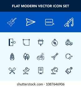 Modern, simple vector icon set with bag, music, sign, sport, electricity, vehicle, office, environment, kerosene, lantern, electric, lamp, luggage, exit, nature, compass, communication, guitar icons