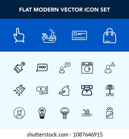 Modern, simple vector icon set with communication, property, projection, machine, ship, speech, touch, buy, finger, paint, clean, sea, home, video, diving, profile, payment, washer, message, key icons