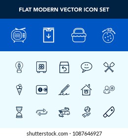 Modern, simple vector icon set with paddle, dessert, sweet, antenna, safe, pencil, security, canoe, money, cash, shipping, rocket, wallet, purse, lock, picnic, water, creative, pen, education icons