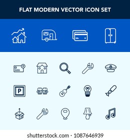 Modern, simple vector icon set with property, captain, interior, wrench, competition, street, sound, currency, road, vehicle, equipment, concert, cupboard, cabinet, construction, sailor, spanner icons