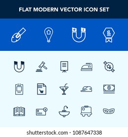 Modern, simple vector icon set with achievement, notebook, field, badge, magnetic, ribbon, supermarket, presentation, winner, first, domestic, shovel, business, science, iron, summer, meeting icons