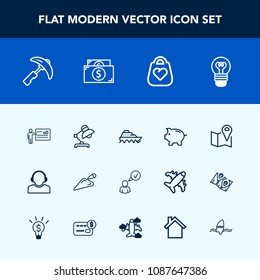 Modern, simple vector icon set with transport, home, interior, coin, money, boat, sea, lamp, crane, shovel, table, water, service, businessman, presentation, industry, map, style, leather, ship icons