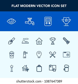Modern, simple vector icon set with shop, equipment, house, housework, architecture, arrow, danger, win, competition, human, explosion, light, water, iron, ocean, cafe, technology, power, award icons