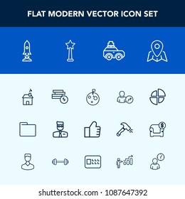 Modern, simple vector icon set with rocket, account, pin, estate, spaceship, search, house, craft, concept, graph, business, luggage, flag, medal, office, internet, profile, find, blank, time icons