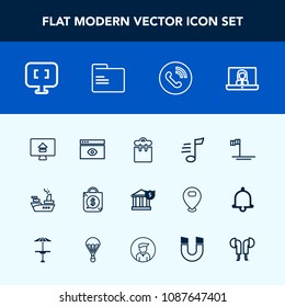 Modern, simple vector icon set with finance, web, banking, money, bank, phone, military, circle, call, house, baja, computer, professional, sea, pc, music, communication, marine, tune, person icons