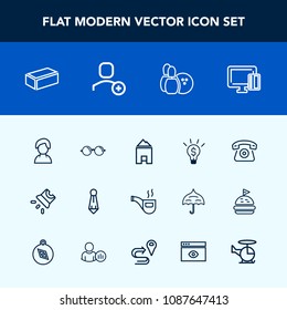 Modern, simple vector icon set with human, profile, business, glasses, pipe, building, projection, technology, eyesight, optical, vintage, ball, bowling, projector, suit, telephone, male, house icons