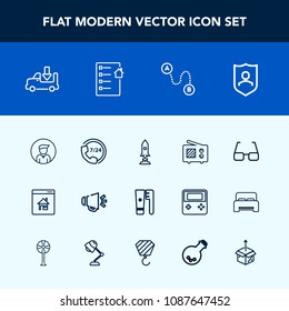 Modern, simple vector icon set with protection, loud, communication, craft, property, eye, operator, map, shipping, spaceship, care, clean, male, health, brush, loudspeaker, technology, shield icons