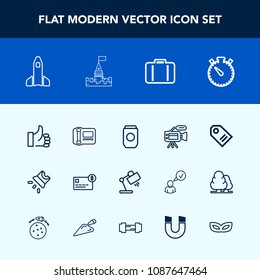Modern, simple vector icon set with microphone, camera, aluminum, time, space, projection, office, projector, luggage, lens, launch, business, phone, tripod, bank, hand, container, money, can icons