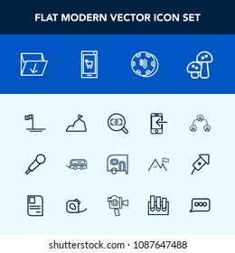 Modern, simple vector icon set with edible, hierarchy, sky, bus, web, internet, beach, landscape, game, risk, music, garbage, white, mountain, travel, trash, mobile, structure, food, people, mic icons