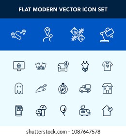 Modern, simple vector icon set with sport, estate, equipment, south, construction, halloween, point, underwater, house, property, destination, tshirt, satellite, sofa, table, shovel, space, real icons