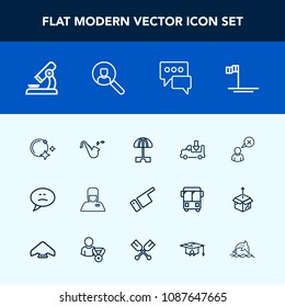 Modern, simple vector icon set with sun, science, laboratory, web, musical, ocean, star, uniform, people, baja, biology, sky, message, shipping, showing, finger, microscope, lorry, moon, account icons