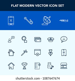 Modern, simple vector icon set with page, dish, captain, debit, card, strike, hit, connection, person, bubble, plastic, satellite, wizard, ball, hook, magician, click, wand, money, touch, cell icons
