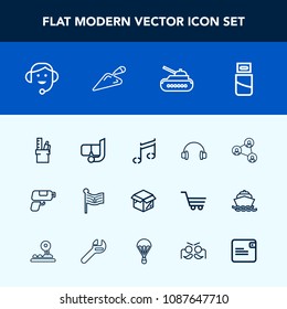Modern, simple vector icon set with construction, america, shovel, equipment, center, flag, unpacking, nation, music, sound, war, stationery, audio, work, wallet, water, cardboard, display, gun icons