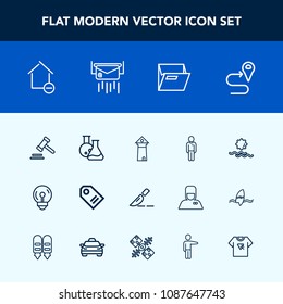 Modern, simple vector icon set with morning, male, laboratory, price, medicine, law, property, route, location, operation, technology, architecture, home, courthouse, apartment, famous, lawyer icons