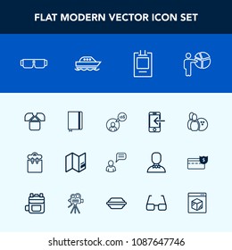 Modern, simple vector icon set with ball, technology, freelancer, label, book, tshirt, fashion, chat, communication, shirt, notebook, sunglasses, badge, mobile, sun, professional, people, pin icons