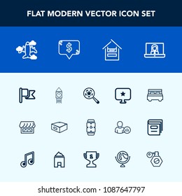 Modern, simple vector icon set with white, flag, tower, sign, food, airplane, magnifying, national, star, internet, clock, computer, communication, nation, bedroom, call, travel, customer, bed icons