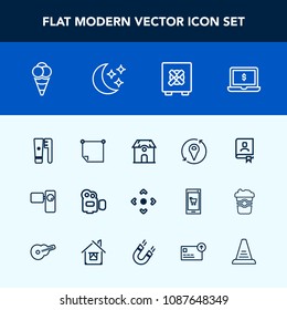 Modern, simple vector icon set with cream, web, office, arrow, ball, home, building, message, health, address, notebook, moon, safety, camera, retro, hygiene, video, bank, button, architecture icons