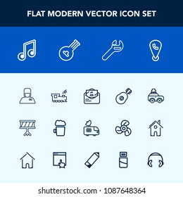 Modern, simple vector icon set with suitcase, note, travel, train, bellhop, spanner, drum, service, envelope, drink, instrument, television, white, antenna, hotel, string, repair, post, van, pub icons