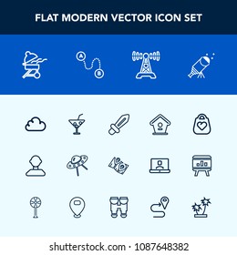 Modern, simple vector icon set with wooden, pin, blade, medieval, astronomy, fashion, male, radio, road, home, space, style, object, summer, bird, weapon, cooking, grill, night, juice, cloud icons