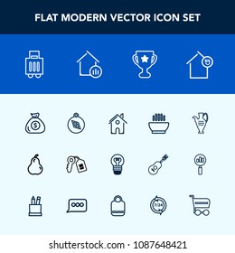 Modern, simple vector icon set with place, decoration, airport, landlord, dinner, security, financial, vase, pottery, luggage, lightbulb, banking, hot, fruit, key, soup, first, fresh, home, east icons