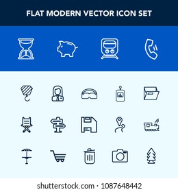 Modern, simple vector icon set with travel, doorknob, railway, television, telephone, technology, building, file, hour, timer, hanger, glasses, diskette, tv, employee, folder, job, employer icons