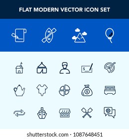 Modern, simple vector icon set with blue, air, kettle, adventure, travel, sign, house, chart, home, building, list, musical, sky, paddle, male, camp, mountain, fashion, business, folk, pay, cute icons
