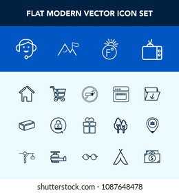Modern, simple vector icon set with cart, package, material, office, home, equipment, tobacco, kitchen, business, food, shop, oven, retail, screen, tv, giftbox, center, addiction, security, call icons