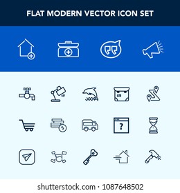 Modern, simple vector icon set with retail, wildlife, bathroom, coin, bus, people, route, pretty, house, sound, left, home, trolley, speaker, property, sink, location, map, ocean, phone, tap icons