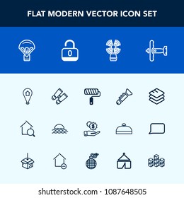 Modern, simple vector icon set with travel, lighthouse, war, tool, online, pin, location, glasses, landscape, dollar, roll, airplane, money, sun, sunrise, brush, parachuting, watch, jump, plane icons